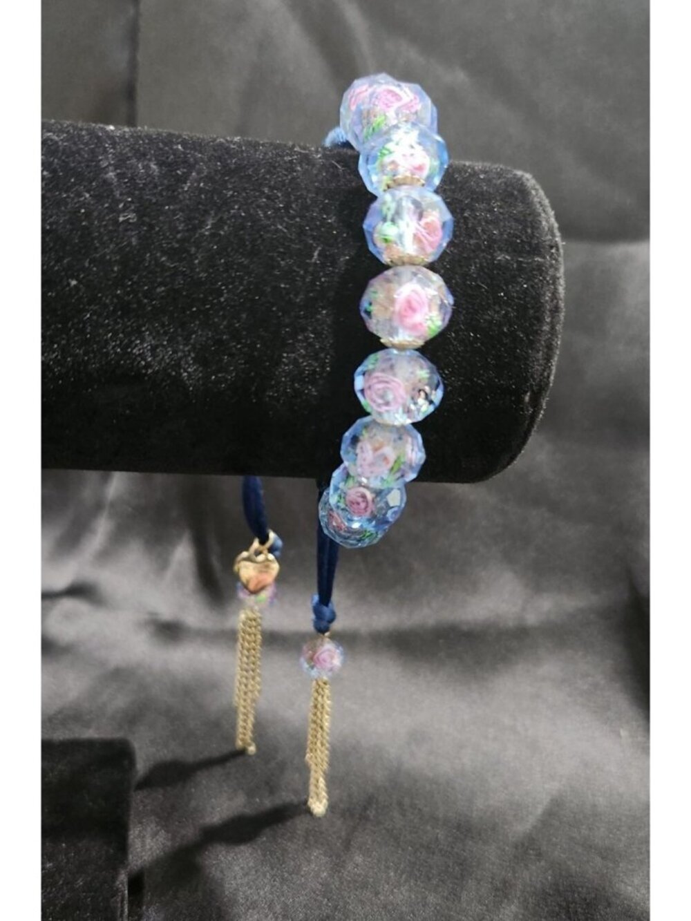 Vintage Betsey Johnson Blue Silk Cord Bracelet W/ Gold-Tone Chains & Glass Beads